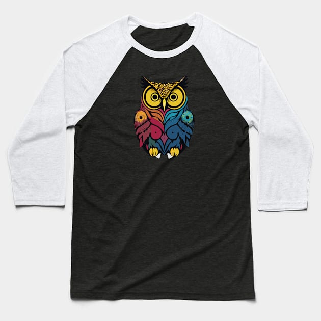 t-shirt design, colorful owl with yellow eyes on a black background, an airbrush painting Baseball T-Shirt by goingplaces